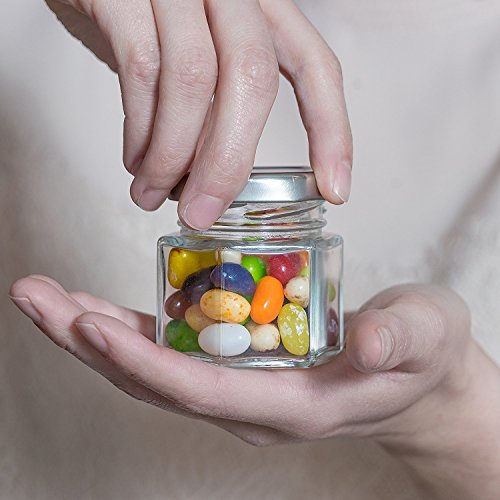 Hexagon Glass Jars by Nellam - 4oz, 24 Pack. Includes 48 Chalk Sticker Labels and 2x Chalk Pen. DIY Jars for Canning, Party Favors, Jams, Sauces, Herbs, Spices. (Silver Lid - 24 Pcs)
