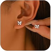 FUNYCHEN 925 Sterling Silver Cute Butterfly Stud Earrings for Women Hypoallergenic Dainty Cubic Zirconia Butterfly Earring to Daughter Mom Four-Pointed Star Stud Easter Birthday Jewelry Gifts