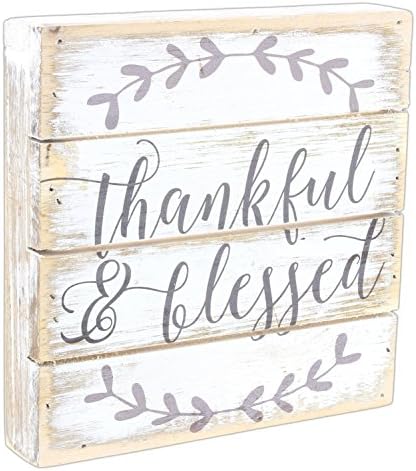Sincere Surroundings 6"x6" Primitive Style Wood Block Sign (Thankful & Blessed)