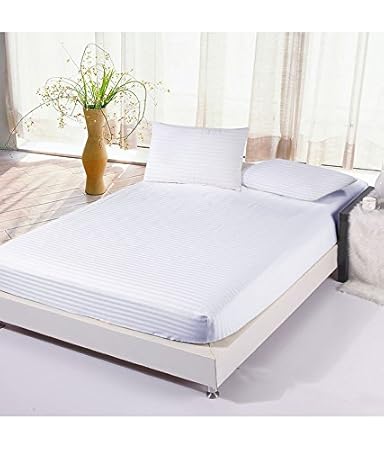 Linenwalas Cotton 310 TC Sateen Stripes Double Bedsheet with 2 Pillow Covers - King Size, White