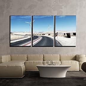 3 Piece Canvas Wall Art - Scenic Winding Road with Wind Turbines - Modern Home Art Stretched and Framed Ready to Hang - 16"x24"x3 Panels