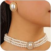 Douxsu Dainty Layered White Beaded Pearls Choker Necklaces Stylish Big Oval Pearl Stud Earring for Women Charming Necklace Earrings Prom Party Jewelry Set Gift