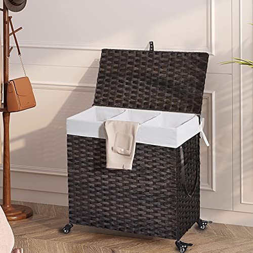 Greenstell Laundry Hamper with Wheels&Lid, 125L Large 3 Sections