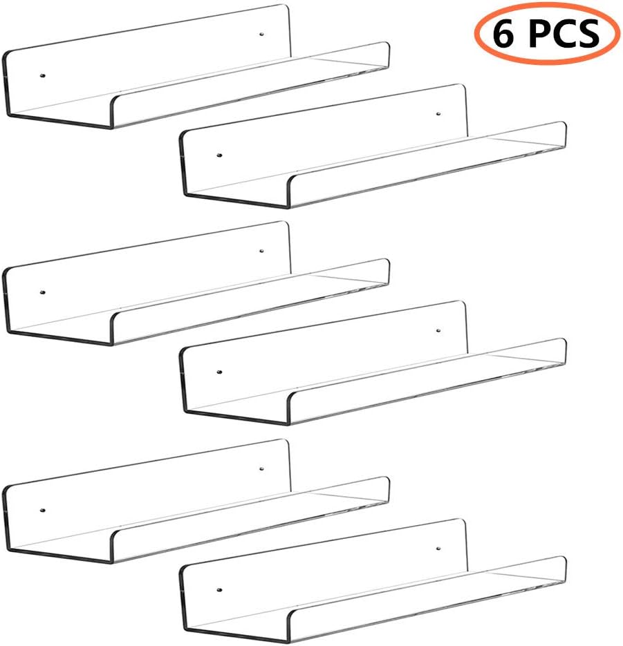 CY craft 6 PCS Acrylic Invisible Floating Bookshelf for Kids Room,15 inch Modern Picture Ledge Display Toy Storage Wall Shelf 5MM Thick U Shelves Storage Rack