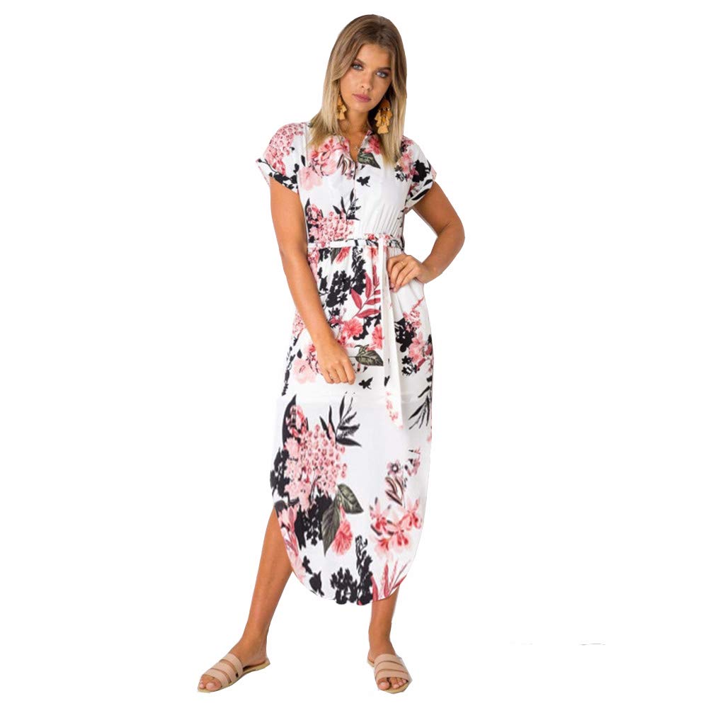 LitBud Womens Summer Dresses for Women Ladies Short Sleeve Casual Work Party Belted Shift Midi Tunic Dress Floral White Plus Size 12 14 XXL