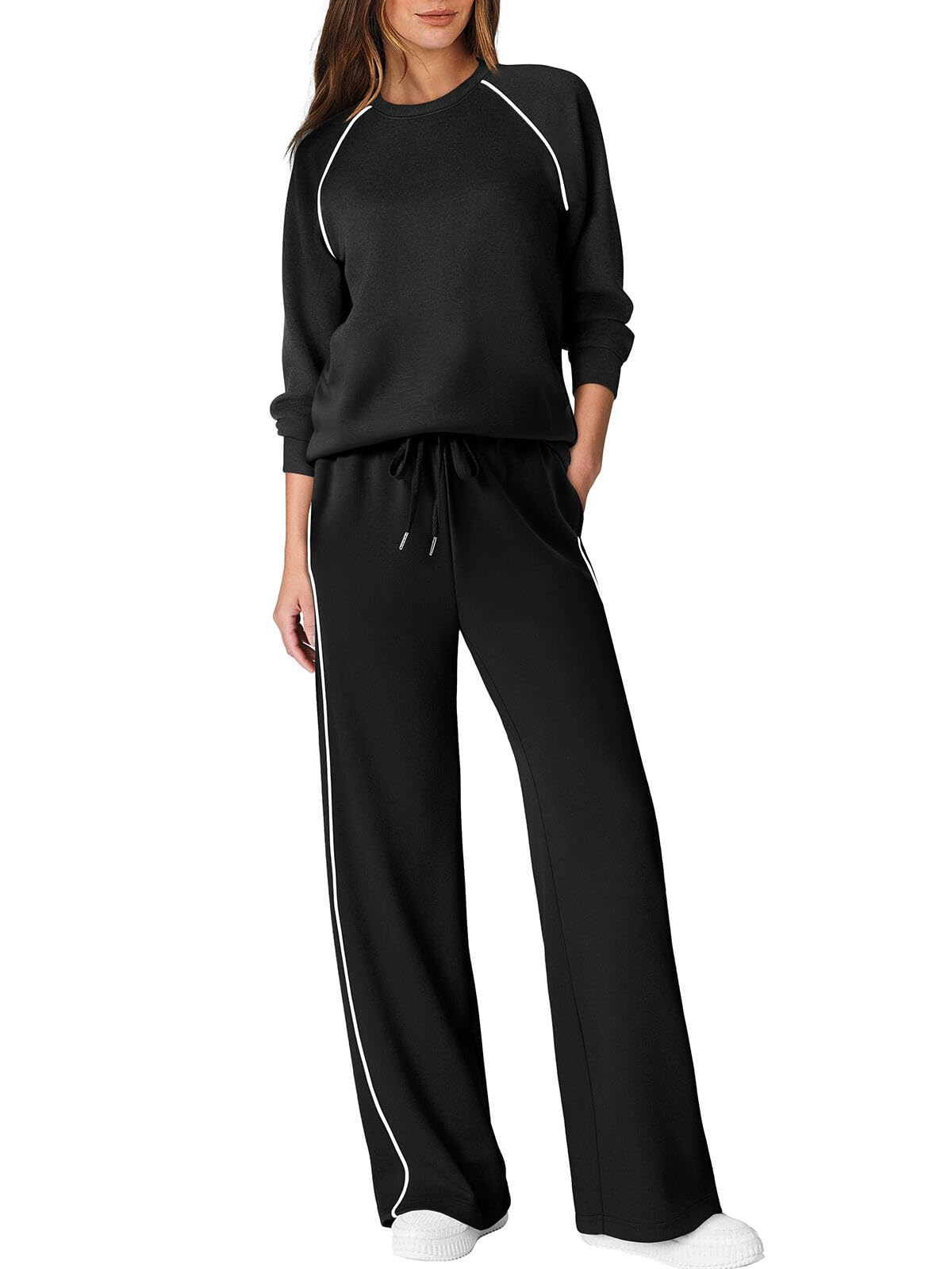 Photo 1 of SAMPEEL Lounge Sets for Women 2 Piece Matching Set Business Casual Sweatsuits Wide Leg Pants Fall Fashion Clothes 2025 Vacation Essentials Airport Outfits Sweatshirt Black M