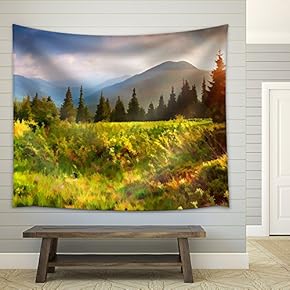 Digital Artwork in Watercolor Painting Style. Beautiful Summer Sunrise in The Mountains. - Fabric Wall Tapestry Home Decor - 51x60 inches