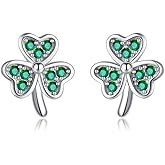 SLUYNZ 925 Sterling Silver Green Shamrock Earrings Stud for Women Teens CZ Love Clover Studs Earrings