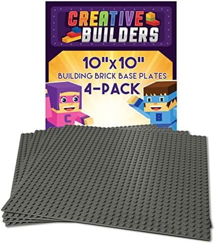 Creative Builders, 4-Pack 10" X 10" Baseplates, Grey color, compatible with Lego Bricks &amp; Blocks