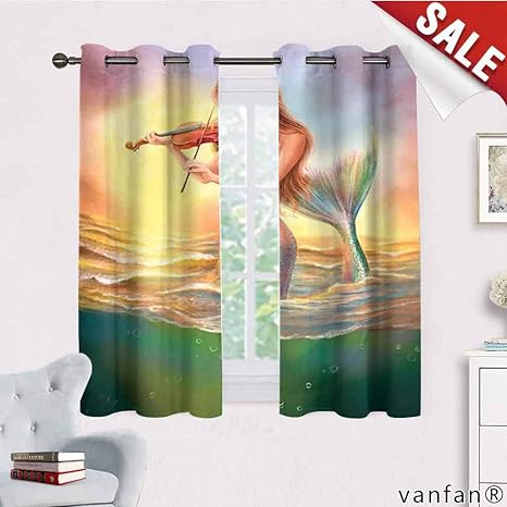 Amazon Co Jp Lqqbstorage マーメイドカーテン トロピカル マーメイドプレイング バイオリン サンセットビュー カラフルでリアルなデザイン ソフトな夢のようなカーテン バスルーム用 マルチカラー W55 X L45 140cm X 115cm ホーム キッチン