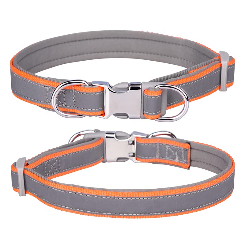 haoyueer Reflective Nylon Dog Collar with Safety Buckle, Adjustable Pet Collars with Soft Neoprene Padding for Small/Medium/Large Dogs (L fit neck 38-60cm, Orange)