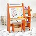 Costzon Kids Art Easel, Wooden Drawing Desk with Three Storage Book Shelves, Stool with Storage Compartment, Chalk Board & Paper Roll, Two Pencil Holders Orange