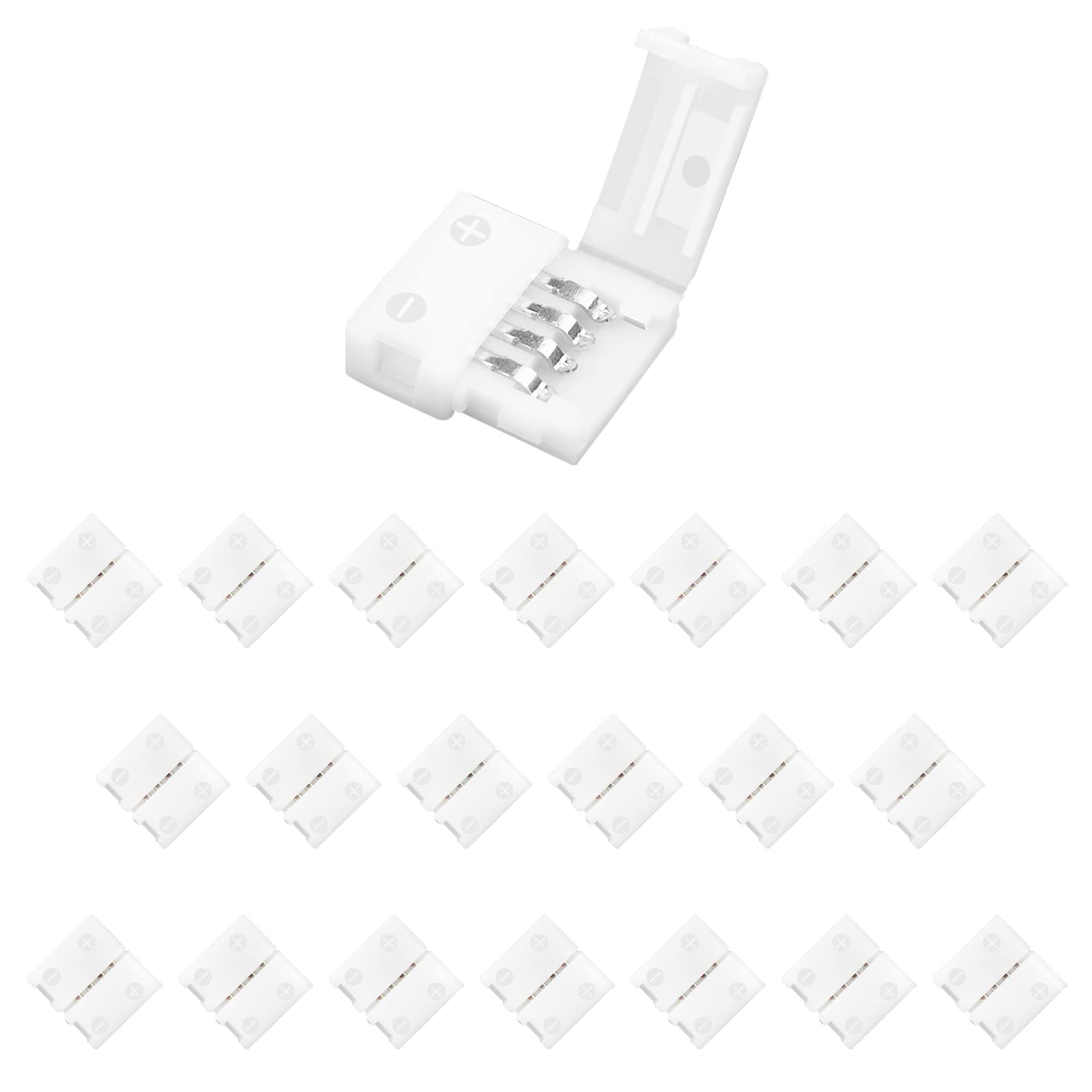 VIPMOON 20 Pack 4 Pin LED Strip Light Connectors for 10mm Wide SMD 5050 5630 RGB LED Strip Lights, Solderless Flip-Type Strip to Strip LED Connector