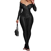 Sriswel Womens Sexy 2 Piece Outfits Off Shoulder Deep V Neck Tops Slit Hem Flare Pants Sparkly Jumpsuit Set Clubwear
