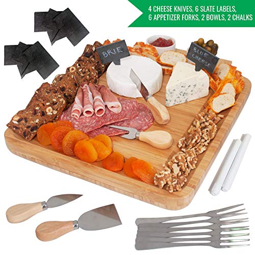 Bamboo Cheese Board and Knife Set - Wooden Charcuterie Platter & Serving Tray for Meat & Cheese with 2 Slide-Out Drawers, 6 Appetizer Forks, 6 Slate Labels, 4 Stainless Steel Knives & Bowls - (20 Pc)