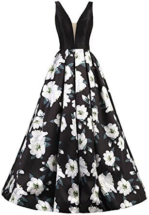 SHANGSHANGXI Floral Print Evening Dresses for Women A Line Long Black Prom Ball Gowns