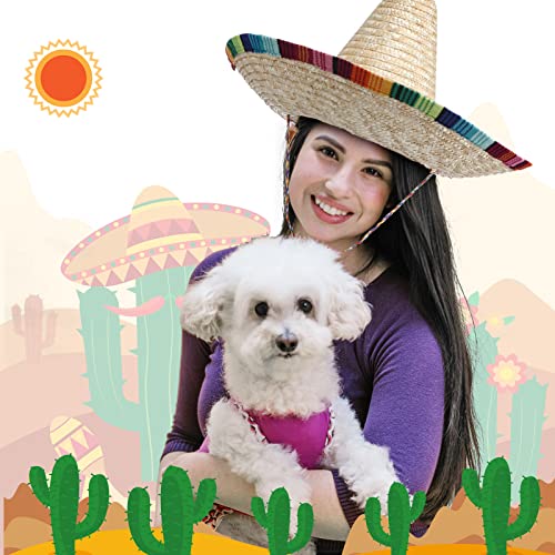 JaGely 4 Pcs Cinco De Mayo Mexican Fiesta Serape Poncho Fabric and Straw Sombrero Headbands Mexican Costume (Wide Brim)