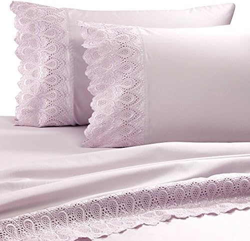 AURAA Smart 600 Thread Count Cotton Rich, 4 Piece Sheet Set, King Sheets, 16" Deep Pocket, LACE Hem, Smooth & Soft Sateen Weave, Hotel Quality, Lilac