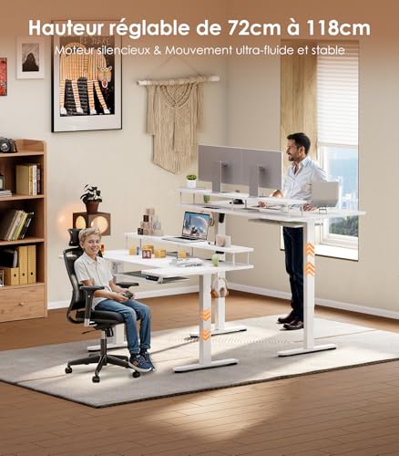 OffiGo U Shape Sitting Desk Electric Desk with Monitor Stand, USB Sockets and Port, Standing Desk with LED, Height Adjustable Gaming Table, White