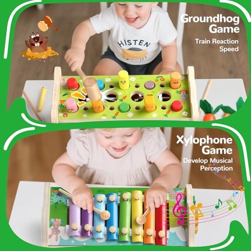 Fajiabao Montessori 1 Year Old Baby Toy - 7 in 1 Wooden Educational Toy Child Toy 1 Year Old Game Hammer and Xylophone Baby, Picking Turnips, Gift Child 1 2 3 Years Boy Girl Birthday Gift