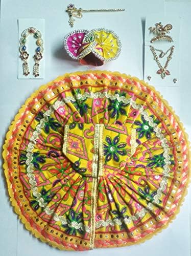 trend fashion Indian Handmade Laddu Gopal Dress Art Silk Krishna Poshak Deity Statue Clothes 2 Mukuts, Mala,Shringar Deity Size 6 to 8 Inches (Yellow, 6)