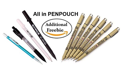 Sakura Pigma 30062 Micron Pen Set, Manga Gelly Roll White, Brush Pen Black, BIC Mechanical Pencil 0.5mm, Faber Catell Click Pencil 2mm Lead Holder