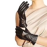 ELMA Lady's Winter Warm Nappa Leather Checked Gloves Cashmere Lining Gold Plated Logo