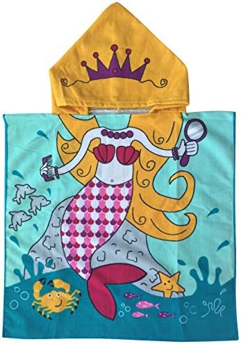 Cartoon Mermaid Hooded Towel with Crown Design(Surrounded by Crab Starfish and Dolphins) for 1-6 Years Girls Beach Pool or Bath Time