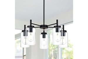 VINLUZ 5 Light Contemporary Chandeliers Black Modern Lighting Fixtures Hanging,Industrial Vintage Pendant Lights with Clear Glass Shade Flush Mount Ceiling Light for Dining Room Bedroom