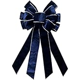 CHMOART Christmas Wreath Bow 20 x 11 Inches Large Christmas Bows Silver Trimmed Blue Velvet Bow Winter Farmhouse Bow Xmas Tree Topper Ornament Bow for Home Front Door Decorations