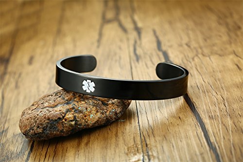 VNOX Personalized Medical Bracelet Medical Condition Alert ID Stainless Steel Cuff Bangle,Black/Silver/Gold Plated