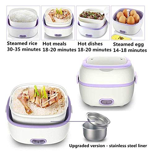 KOBWA Multifunctional Electric Lunch Box, Mini Rice Cooker, Portable Food Heater Steamer with Stainless Steel Bowls, Egg Steaming Rack, Spoon, Measuring Cup for Use in Office Outdoor School - Thumbnail 2
