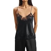 Lace Trim Satin Cami Top for Women Sleeveless Tank Tops Summer Sexy V Neck Spaghetti Strap Floral Lace Crop Camisole