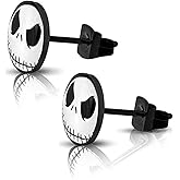 SIISPRI 316L Surgical Stainless Steel Jack Skellington Round Circle Button Stud Post Earrings(10 mm)