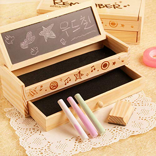 SUPERTOOL DIY Retro Pencil Box,1PC Wooden Quality Pencil Case Double Layer Drawer Pencil Case with Small Blackboard for School Students Girls Boys