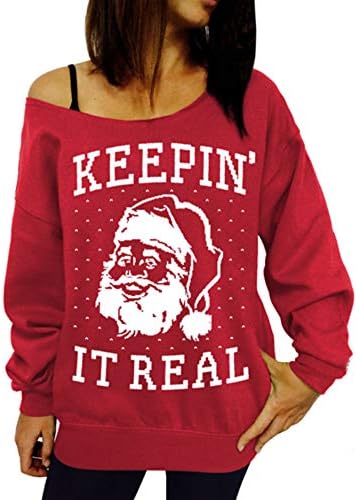 Women Off Shoulder Top, Wociaosmd Christmas Santa Claus Pattern Casual T-Shirt Long O-Neck Sleeve Blouse