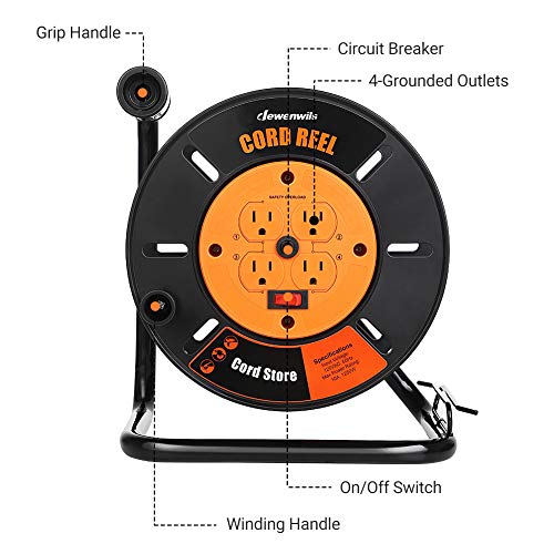 DEWENWILS Extension Cord Storage Reel with 4Grounded Outlets, Heavy