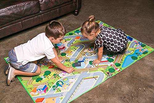 Kids Double Sided Felt Play Mat Bundle - 2 in 1 City & Farm, Indoor/Outdoor, Machine Washable 59" L x 39" W with Wooden School and firestation Accessories