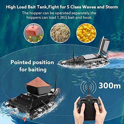Bateau D’amorce, Bateau De Pêche Rc De 5 Heures D’exécution, Bateau Télécommandé De 300 M, Chargement De 1,2 Kg Anti-herbe Vent Double Moteurs D’appât De Pêche Avec Lumière De Navigateur Led,noir