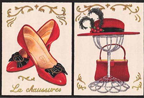 Vintage Red French Fashion - Shoes Purse Hat Sunglasses Lipstick Alabaster White Wallpaper Border Retro Design, Roll 15' x 7''