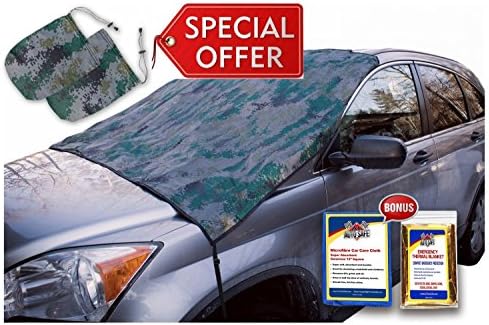 SnowOFF PACK - LARGE CAMO PRINT Windshield Snow Cover + 2 Side Mirror Covers - FIT ANY CAR, SUV, TRUCK, VAN - Looks Great - WINDPROOF Straps, Wings, Suction Cups Magnets + BONUS Demist Cloth + Blanket
