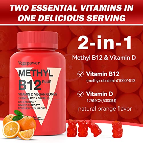 B12 Vitamins Gummies with Vitamin D - 90 Count | Vitamin D 5000 IU & Methyl Vitamin B12 1000 mcg Supplement for Energy and Immune Support - Vegan Friendly, Gluten Free - Orange Flavor (Orange)