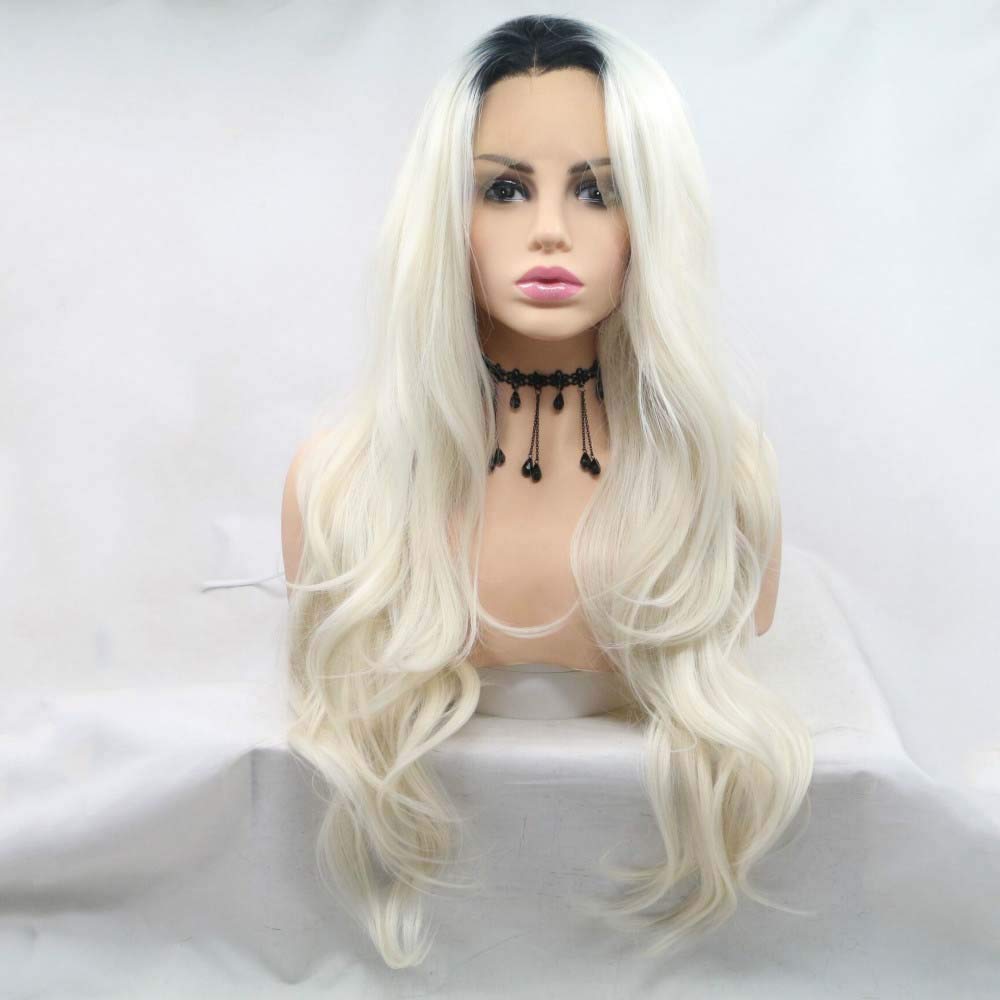 Xiweiya Wig Long White Blonde Wig Synthetic Light Blonde Lace Front Wigs For Women Long Wavy Wigs Heat Resistant Fiber Synthetic Ombre Lace Wig With Black Roots Middle Part…