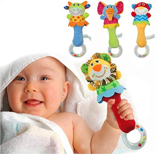 4 Packs Here Shine Developmental Baby First Rattle Toy Soft Plush Animal Style For Infant or Baby Boys Girls- Cow, Elephant, Lion, Cat