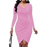 Wedding Guest Bodycon Midi Dress Women Sexy Party Cocktail Long Sleeve V Neck Wrap Work Ruched Sheath Knee Length Dresses Elegant 2025 Pink