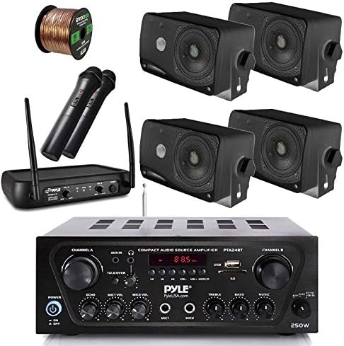 Pyle Wireless Bluetooth Stereo Receiver Amplifier, Dual Channel VHF Wireless Microphone System, 4X Pyle 3.5'' 200 Watt 3-Way Weather Proof Box Speakers - Black, 50Ft Speaker Wire - PA, Karaoke, DJ