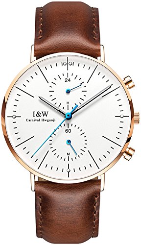 Men's Luxury Leather Strap Ultra Thin Sapphire Mirror Luminous Dual Time Zone Waterproof Quartz Watches (Brown-Gold)