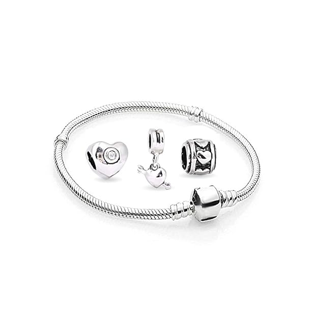 Herz Charms Beads 1 Armband und 3 Anhänger Starter Set Angebot Zirkonia Murano Glas bettel Pandora Style Bead kompatibel