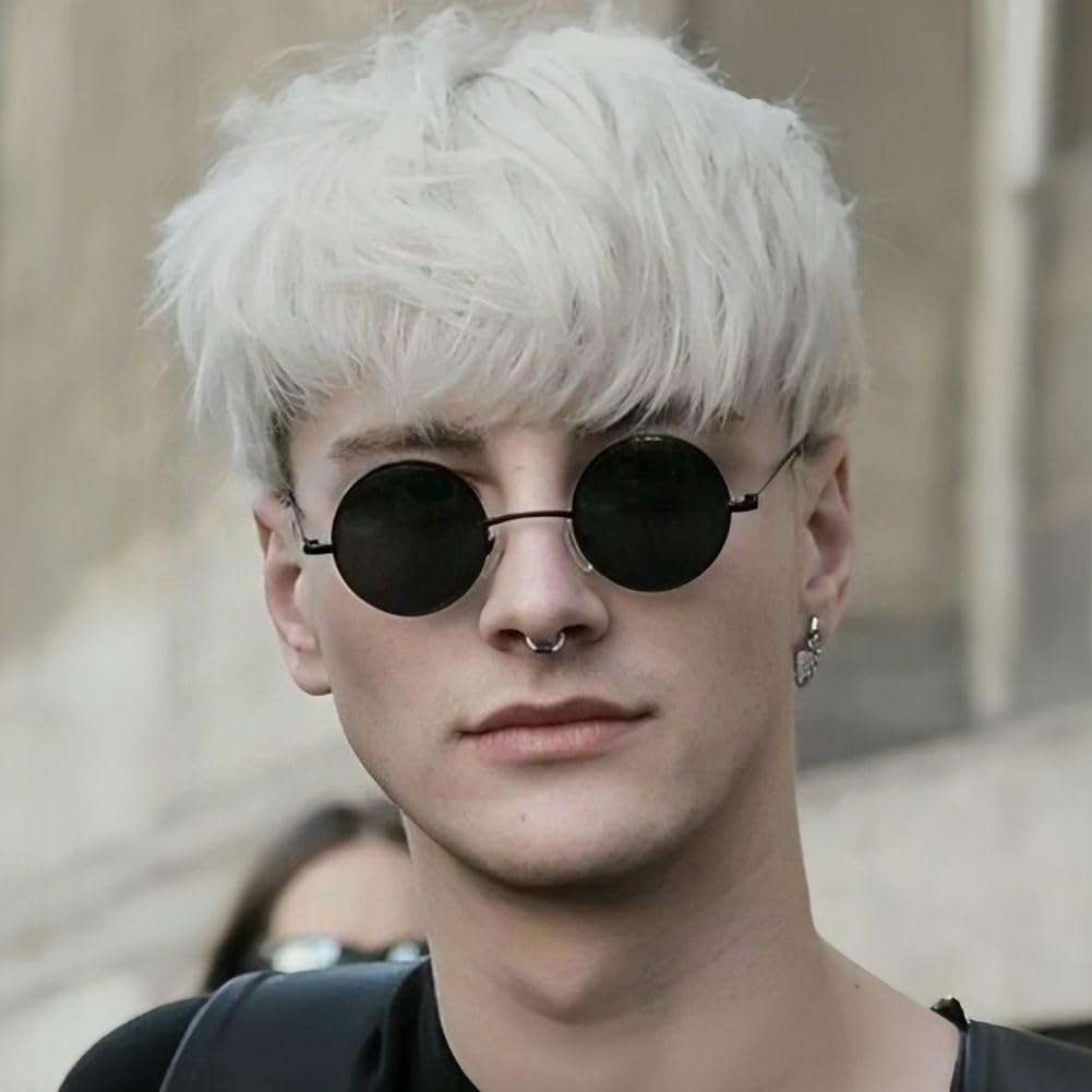 Salaibs White Short Mens Wig Synthetic Natural Layered Male Hair Wig with Bangs Daily Party for Wig Cap