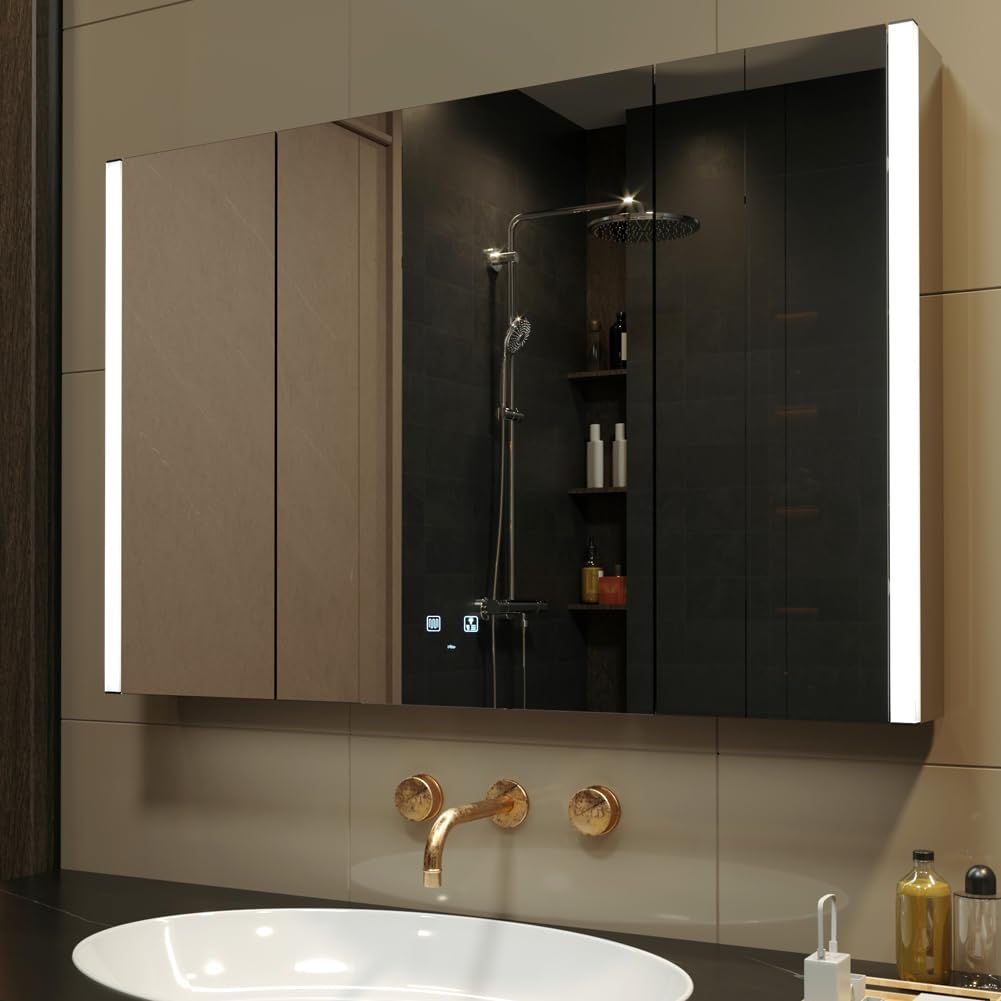 View 1 of (see images for damage) KWW LED Lighted Bathroom Medicine Cabinet with Sockets & USBs, Defogger, Dimmable, 3 Color Light Makeup Mirror, Easy to Install, Wall Mounted Cabinet (3 door-41 * 28)